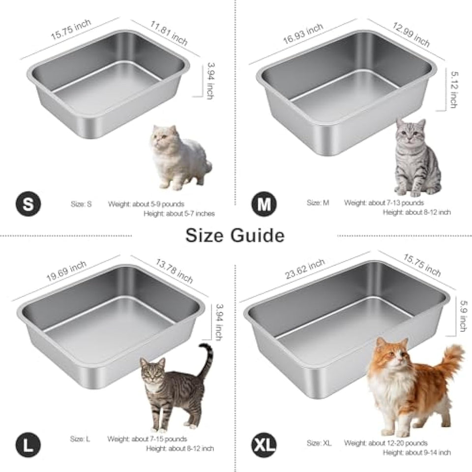 stainless steel metal cat litter box with high sides odor-free non-stick for indoor cats and kittens