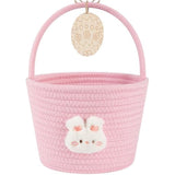OIAHOMY Easter Basket with Handle, Personalized Bunny Easter Basket for Kids, Woven Rope Gift Empty for Eggs, Baby Treasure Hunt Baskets with Wooden Card for Boys and Girls - Pink