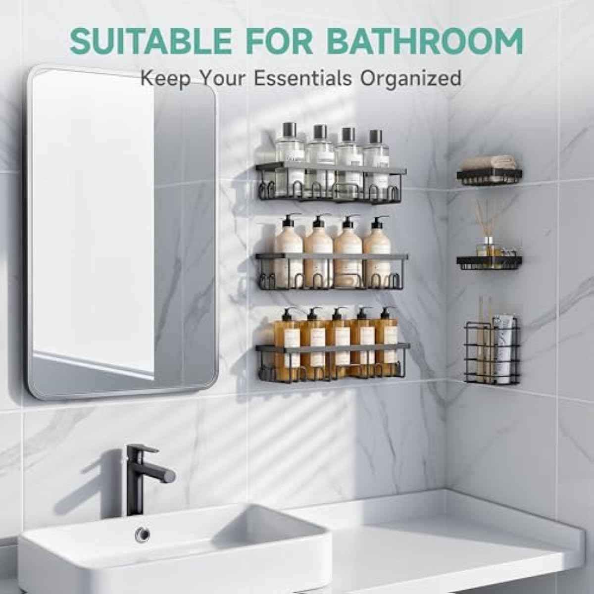 Veken Shower Caddy 6-Pack, Advanced Rustproof Design, No Drilling Adhesive Shelves, Rack with Soap Holder, Large Capacity Bathroom Organizers and Storage, Wall-Mounted Kitchen & Home Decor
