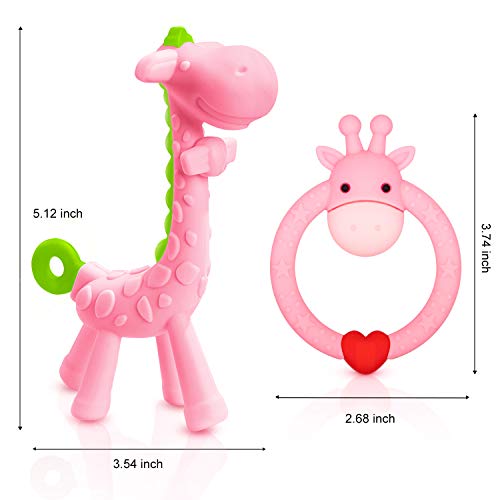 SHARE&&CARE BPA Free Silicone baby teether giraffe toy with storage case, for 3 months above infant sore gums pain relief (Pink)
