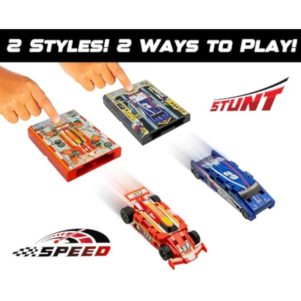 FLAT 2 FAST Original Stunt Card Racer - Crimson Red Compact Pocket Size Racecar Launcher with Built-in Button