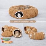 R1M Cat Donut Tunnel Bed Toy for Small and Larger Indoor Cats with Two Fish Toys, Brown