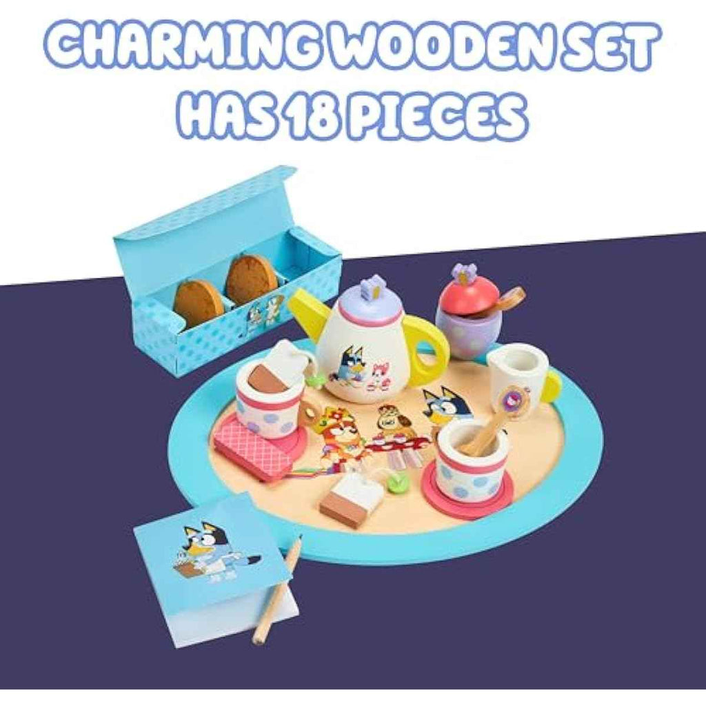 bluey 18-piece wooden tea party set, toddler-friendly tea set with tray, teapot, and utensils