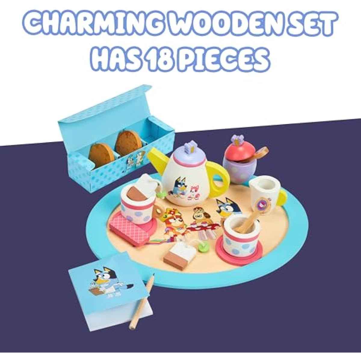 bluey 18-piece wooden tea party set, toddler-friendly tea set with tray, teapot, and utensils