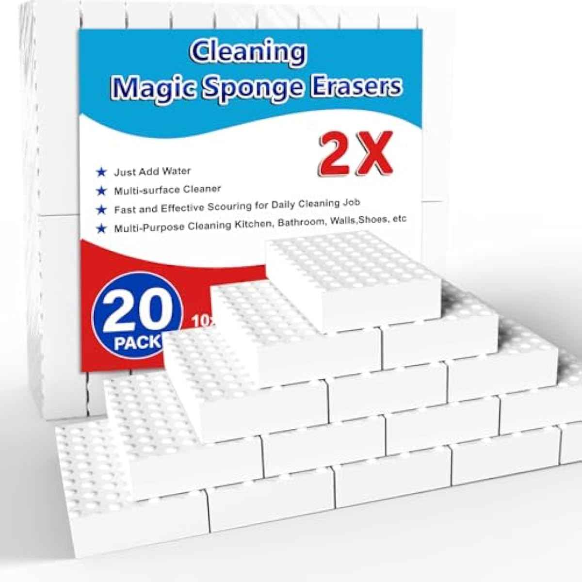 Magic Sponge Erasers, 20 Pack 2X Density Stronger Melamine Sponge Foam Pads for Kitchen, Bathroom, and Household Cleaning