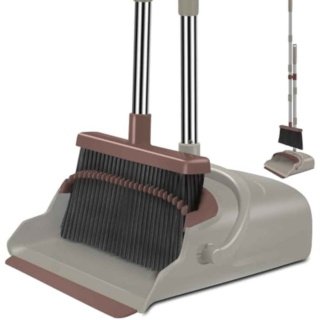 kelamayi Upgrade Broom and Dustpan Set, Self-Cleaning with Dustpan Teeth, Ideal for Dog Cat Pets Home Use, Super Long Handle Upright Stand Up Broom and Dustpan Set (Brown)