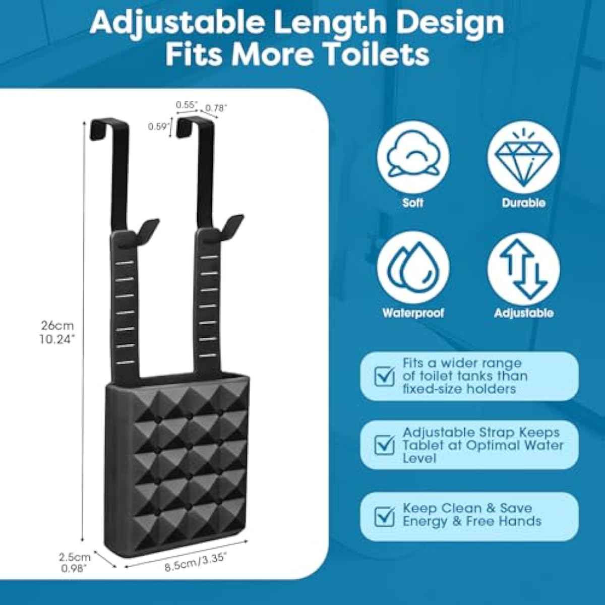 Adjustable toilet tank cleaning tablet holder with rustproof hooks and flexible silicone straps fits standard tanks