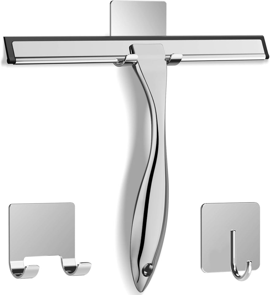 All-PLrpose Stainless Steel Shower Squeegee for Shower Glass Door with 2 Adhesive Hooks, Bathroom Cleaner Tool Household Window Mirror Squeegee , Cleaning Tile Wall, Car, 10 Inch Silver