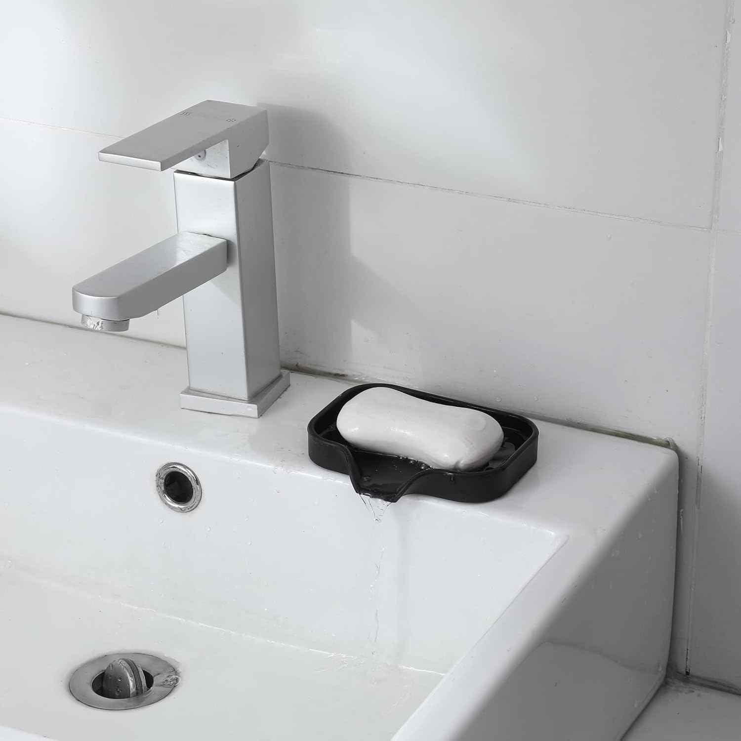 Silicone Bathroom Soap Dishes with Drain Spout-Bathroom and Kitchen Sink Organizer,Sponge Holder,Dish Soap Tray,Perfect for Dispenser,Scrubber,Bottle,Cup on Sink or Counter-Black 4.9"×3.2"