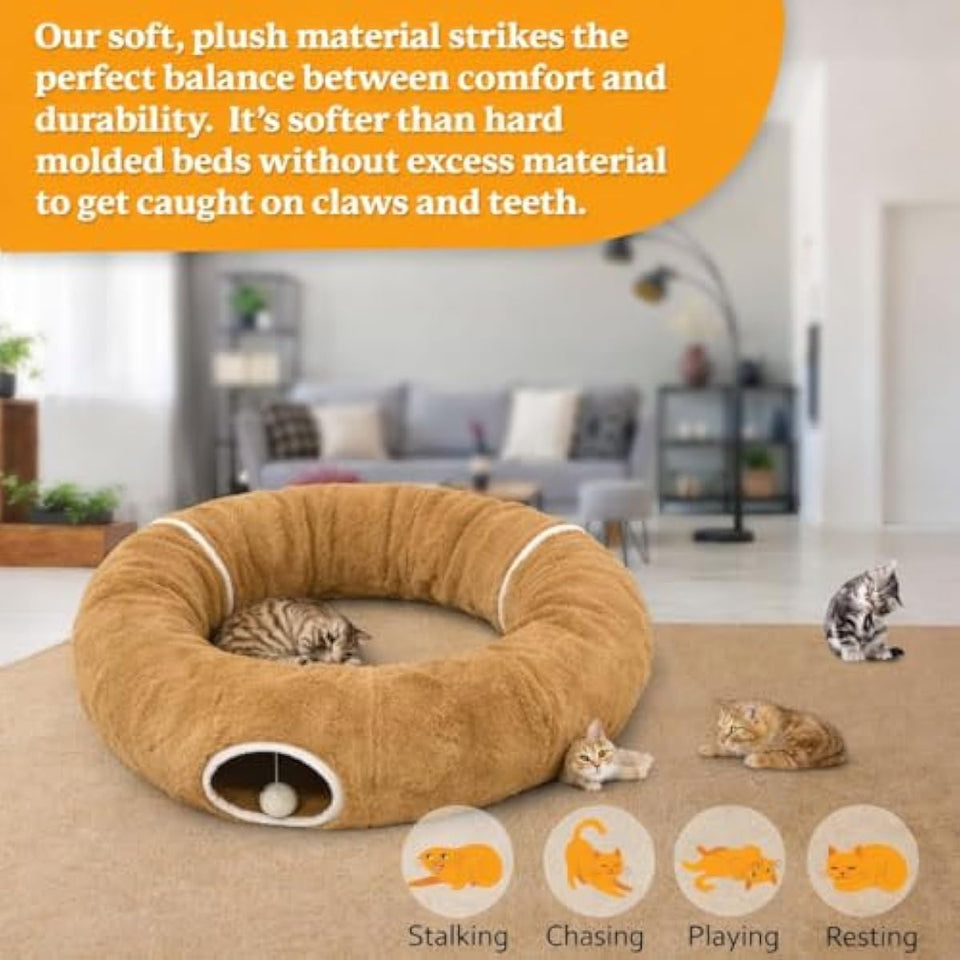 R1M Cat Donut Tunnel Bed Toy for Small and Larger Indoor Cats with Two Fish Toys, Brown