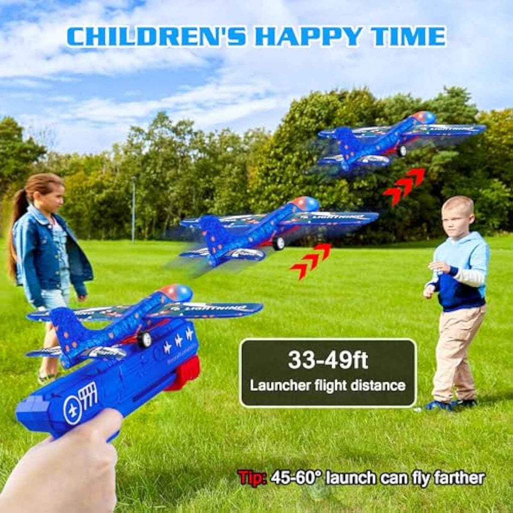 3 Pack Airplane Launcher Toys, 2 Flight Modes LED Foam Glider Catapult Plane, Outdoor Flying Toy for Kids, Birthday Gifts for Boy Girl 3+ Year Old, B-Day Party Supplies