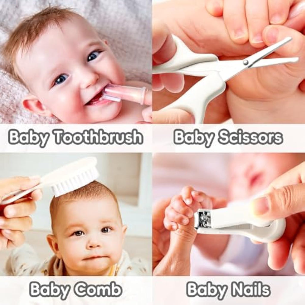 Baby Grooming Kit for Newborn Girls and Boys, Infant Safety Care Set with Hair Brush, Comb, Nail Clipper, Nasal Aspirator, Grey and White