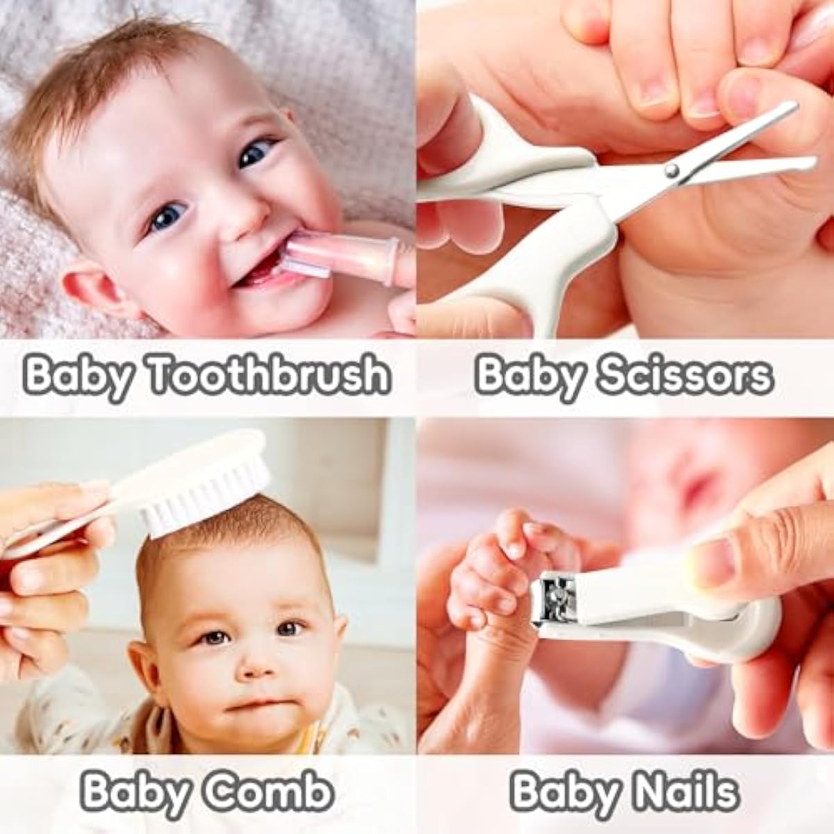 Baby Grooming Kit for Newborn Girls and Boys, Infant Safety Care Set with Hair Brush, Comb, Nail Clipper, Nasal Aspirator, Grey and White