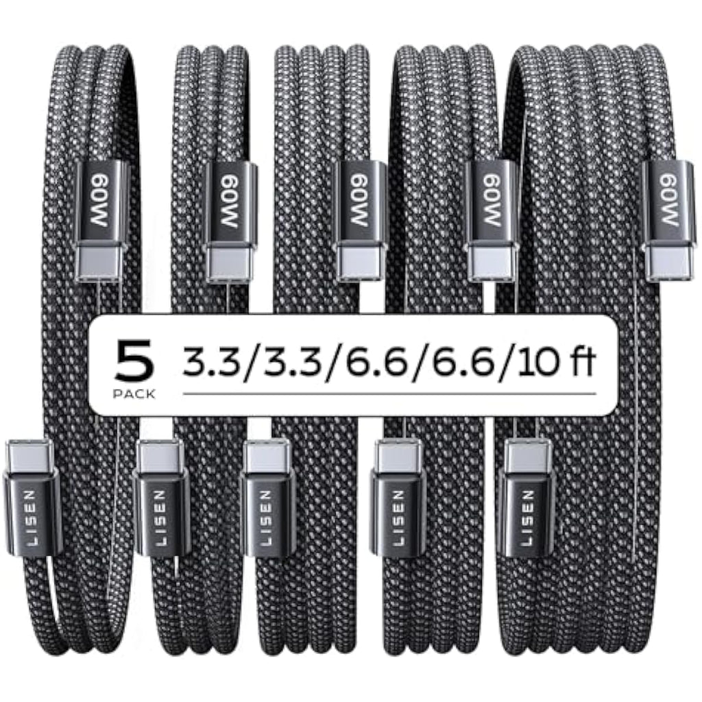 Lisen 5-pack usb c to c cable, 60w fast charging, 10ft for iphone 17, ipad, galaxy s25/s24