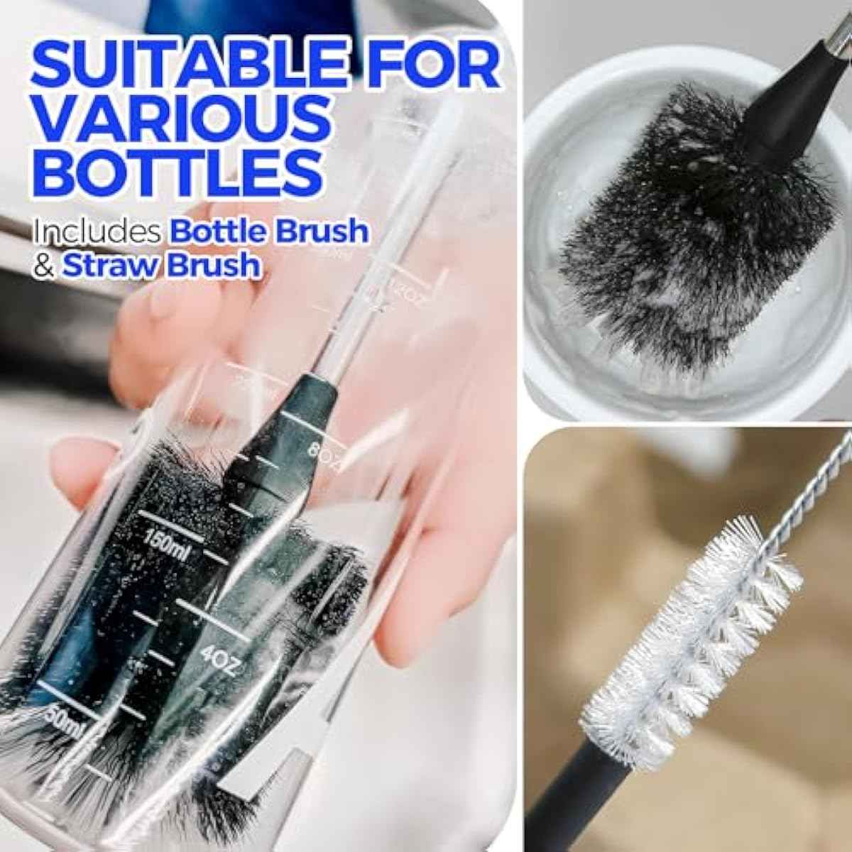 Holikme Bottle Brush Cleaner Set: 14" Stainless Steel Handle, 3 Straw Brushes, Abrasive Wheel for Water Bottles, Cups, Straws
