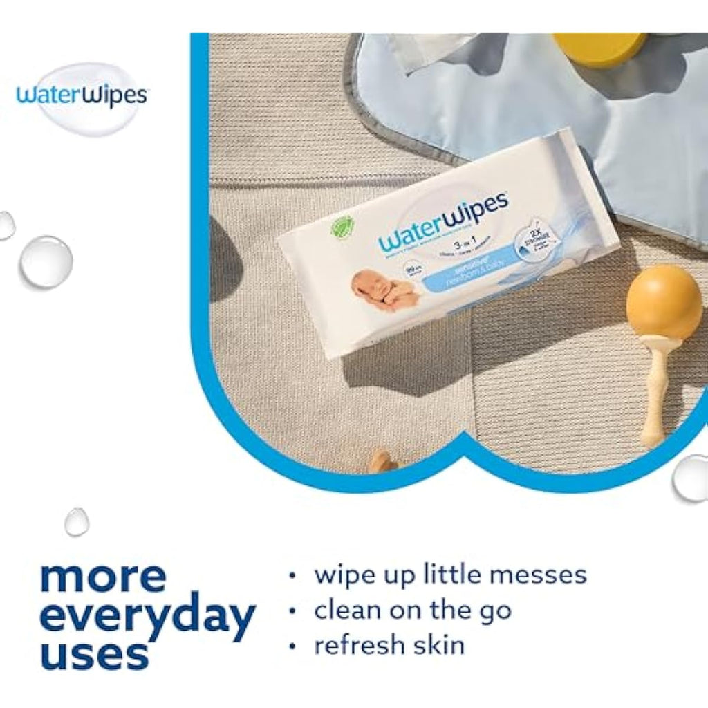 WaterWipes Sensitive+ Newborn & Baby Wipes, 3-in-1 cleans, cares, protects, 99.9% water, unscented & hypoallergenic, 60 count, 2x stronger, thicker & softer