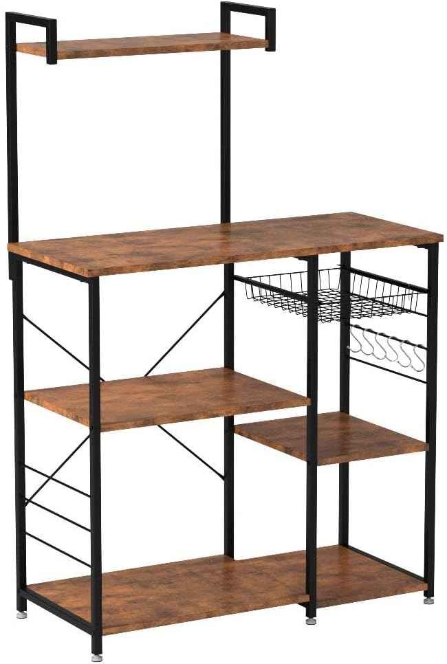 VASAGLE Baker's Rack with Wire Basket and 6 Hooks for Kitchen Storage