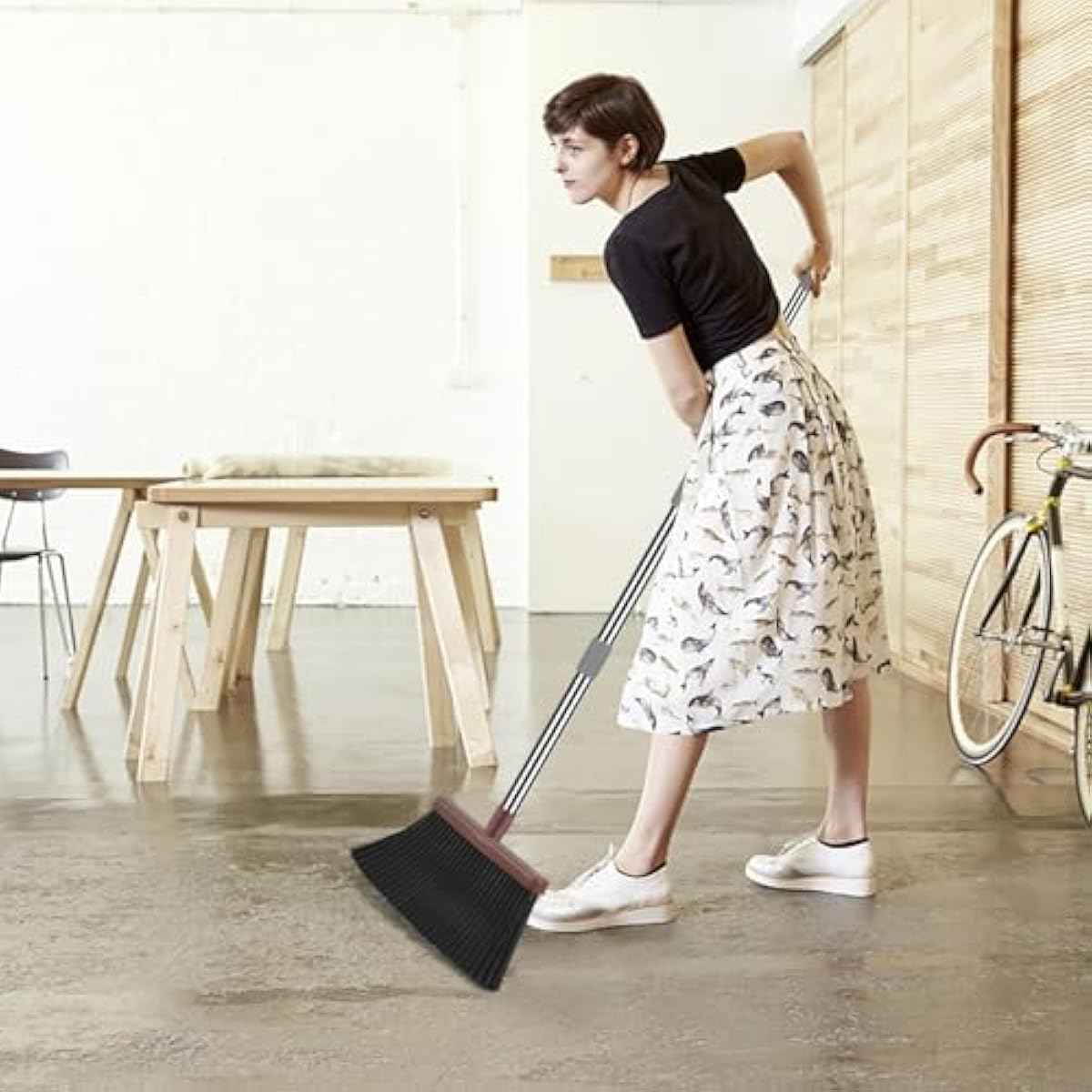 kelamayi Upgrade Broom and Dustpan Set, Self-Cleaning with Dustpan Teeth, Ideal for Dog Cat Pets Home Use, Super Long Handle Upright Stand Up Broom and Dustpan Set (Brown)