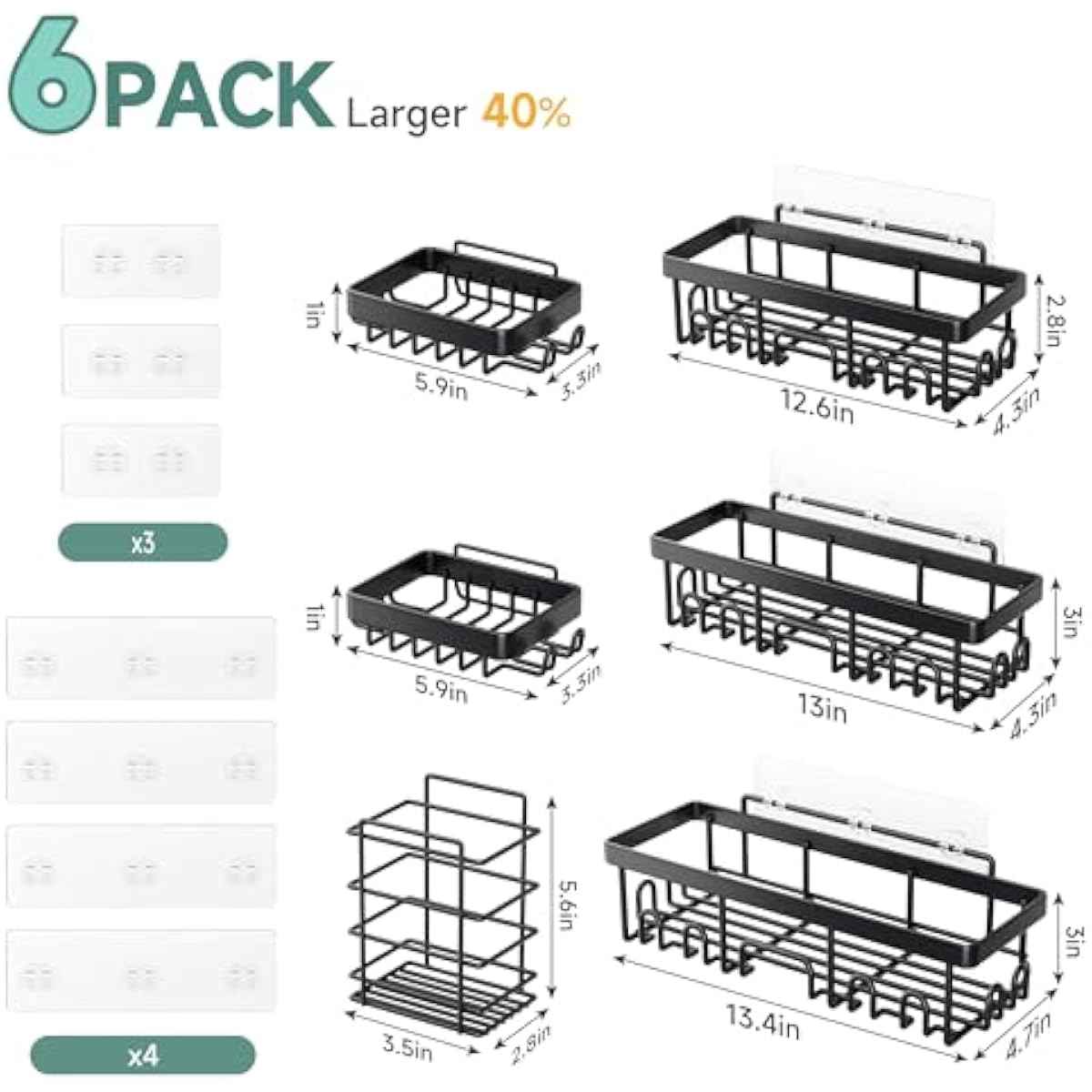 Veken Shower Caddy 6-Pack, Advanced Rustproof Design, No Drilling Adhesive Shelves, Rack with Soap Holder, Large Capacity Bathroom Organizers and Storage, Wall-Mounted Kitchen & Home Decor