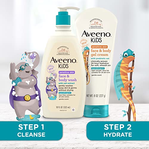 Aveeno Kids Sensitive Skin Face & Body Wash, Oat Extract, Tear-Free, Non-Drying, 18 fl oz Pump Dispenser