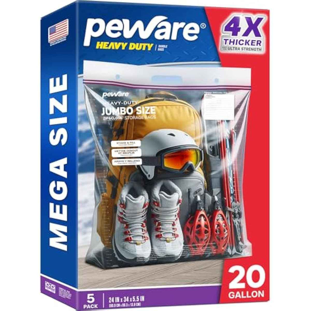 20 Gallon Heavy Duty Jumbo Storage Bags, 24" x 34" Resealable Zipper Top, Pack of 5, BPA-Free, 6 Mil Thick