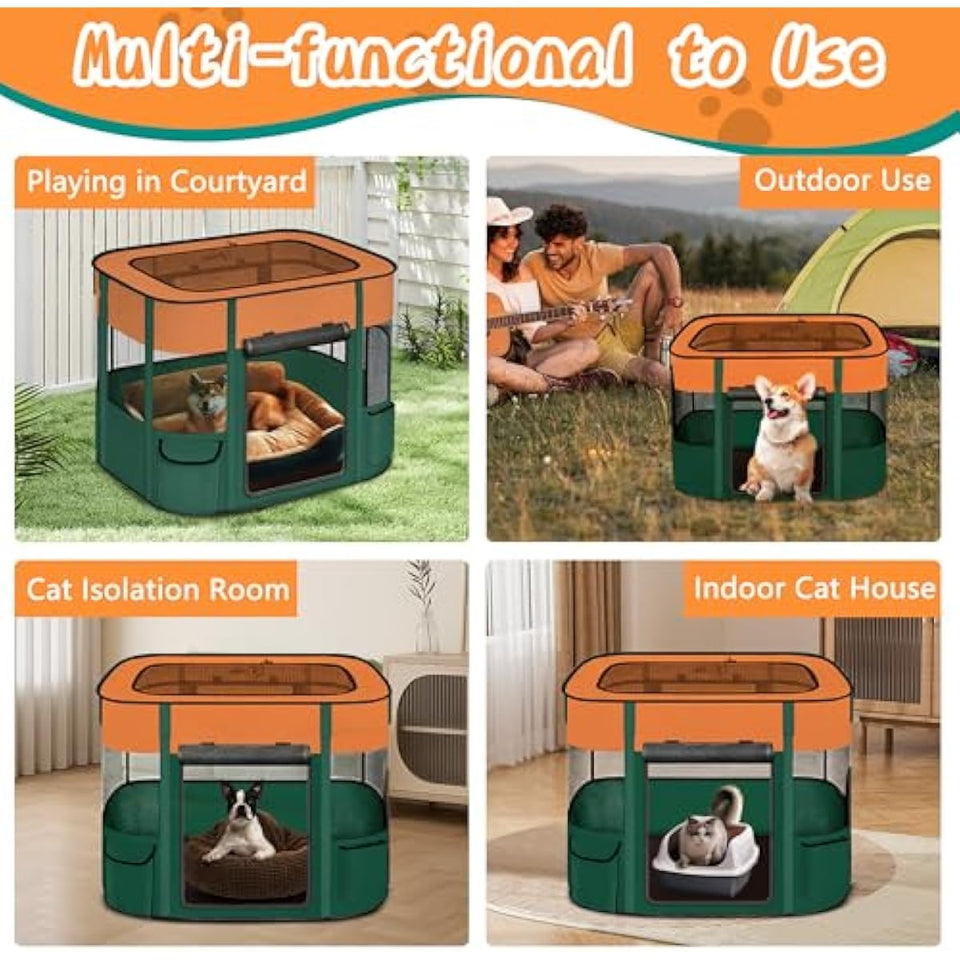 Portable Cat Playpen with Separate Areas, 2-in-1 Puppy Playpen & Cats Cage, Foldable Pet Tent for Indoor and Outdoor Use, Collapsible Tent Kennel Cage House(35.4"x27.6"x27.6", Orange & Green)