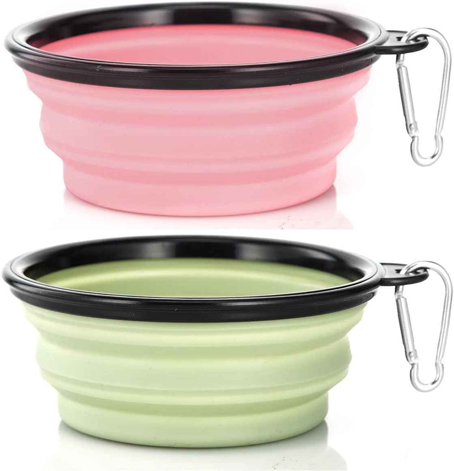 Dog Bowl Pet Collapsible Bowls, 2 Pack for Cats Dogs, Portable Pet Feeding Watering Dish for Walking Parking Traveling with 2 Carabiners (Small, Blue+Green)