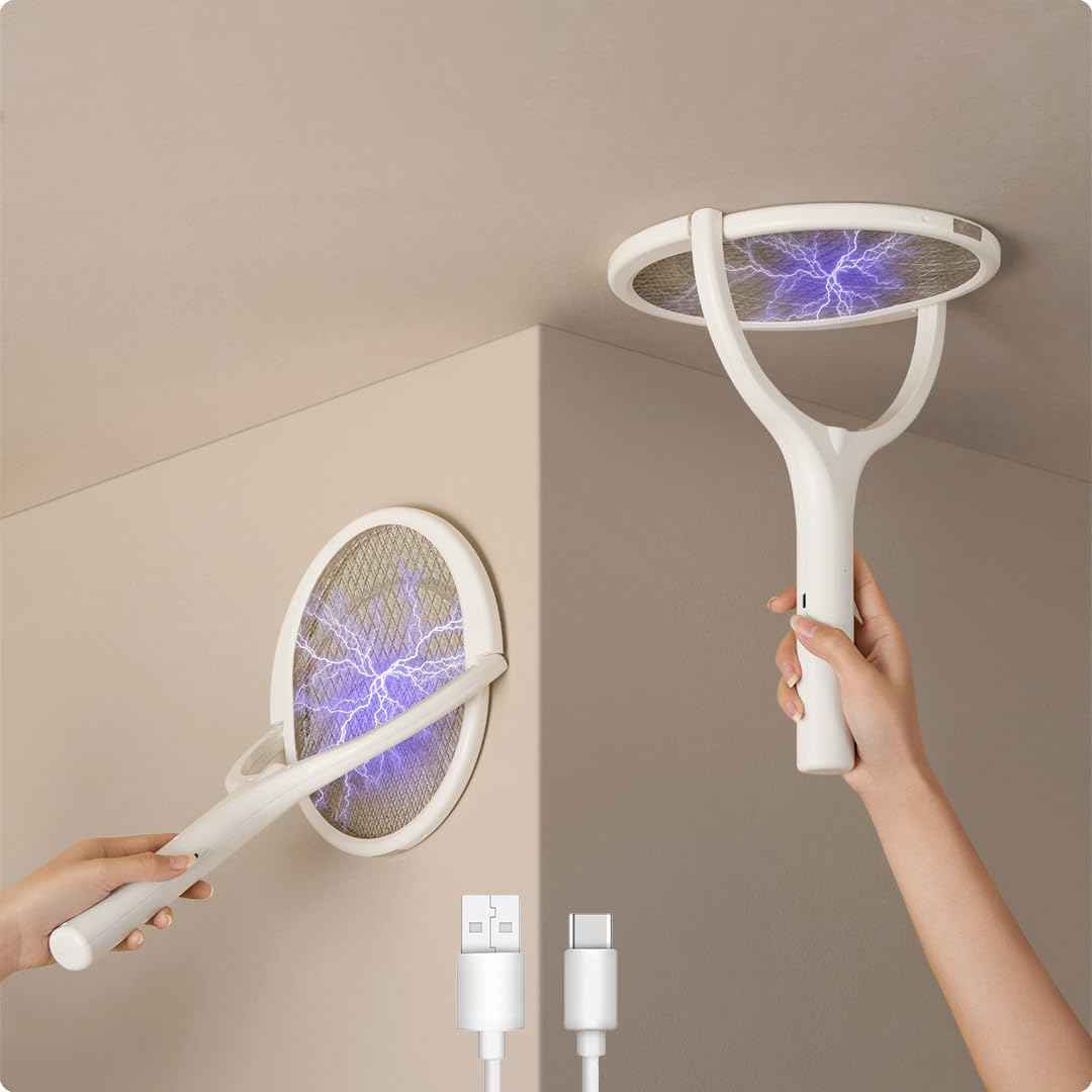 GeckoMan Rotating Head Electric Fly Swatter Racket Rechargeable Bug Zapper Racket Bug Zapper Indoor Fly Zapper Mosquito Zapper Flies Killer for Indoors, with a Telescopic Extension