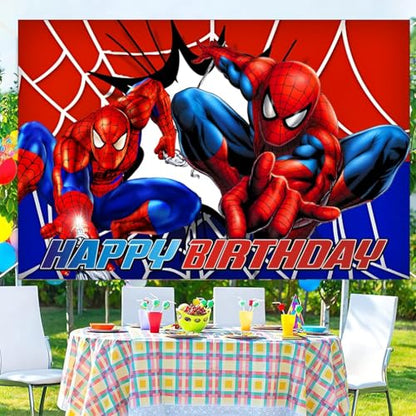 Spider Birthday Party Decorations, 5x3ft Happy Birthday Back Drop Banner Theme Backdrop Banner for Spider Party Decorations Indoor Outdoor.