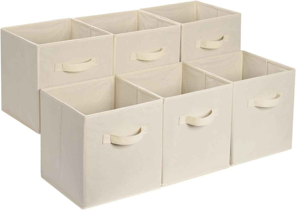 Amazon Basics Collapsible Fabric Storage Cubes Organizer with Handles, Sturdy, Beige, 10.5-x-10.5-x-11-inch, Pack of 6