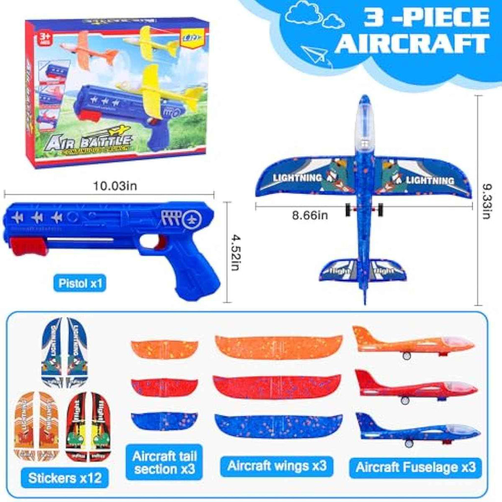 3 pack airplane launcher toys 2 flight modes led foam glider catapult planes outdoor kids flying toys birthday gifts 3+ year old