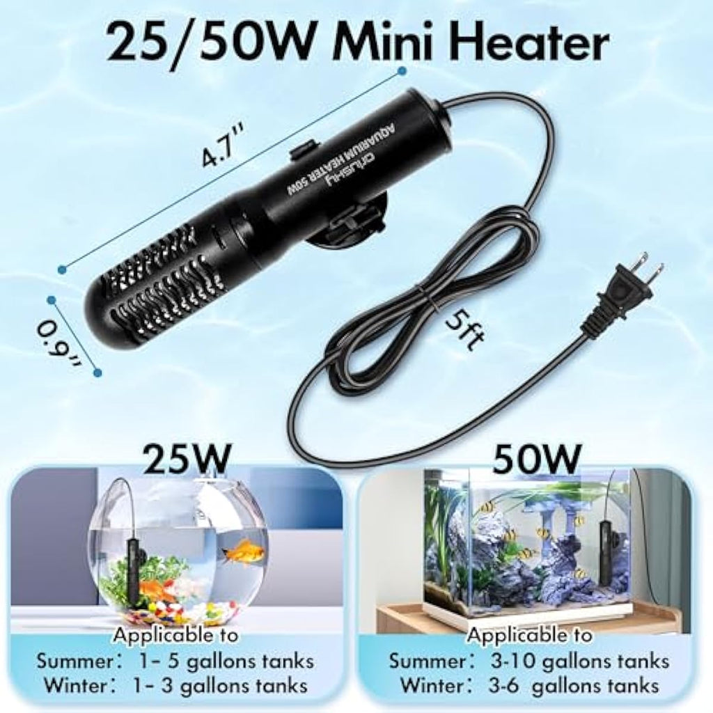 orlushy 25w small submersible aquarium heater for betta fish tank 78℉ constant temperature 1-6 gallons freshwater saltwater