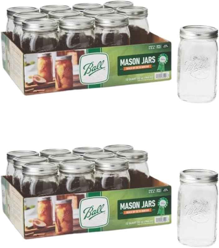 Ball Wide Mouth Glass Mason Jars with Lids and Bands, Used for Canning, Pickling, Juice, Jam, Jelly, Quart Size 32 Ounce (Pack of 2)