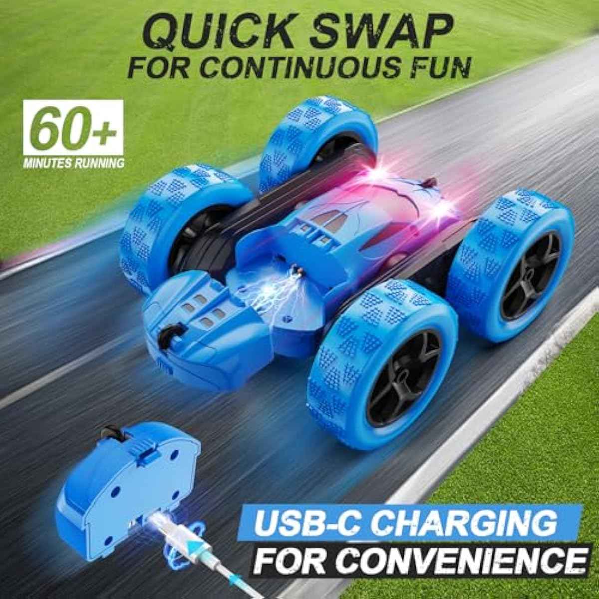 blue remote control car, 4wd stunt car with led lights & 360° flips, 2.4ghz, upgraded usb-c modular batteries for kids ages 6-12