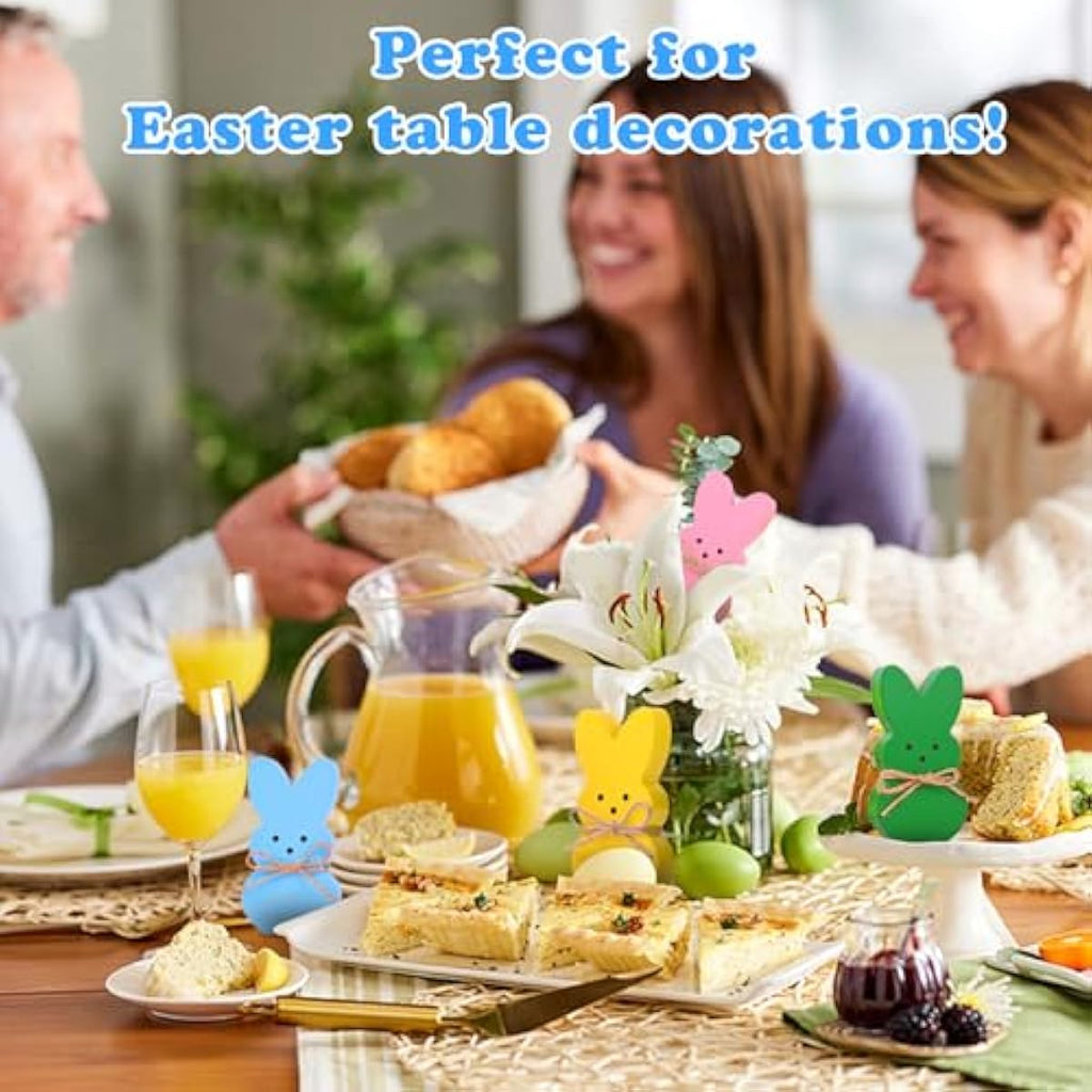Easter Décor, 4 Pcs Wooden Peep Bunny Decorations for Tiered Tray, Mantel, Farmhouse, Cute Spring Signs for Home, Office, Party Supplies