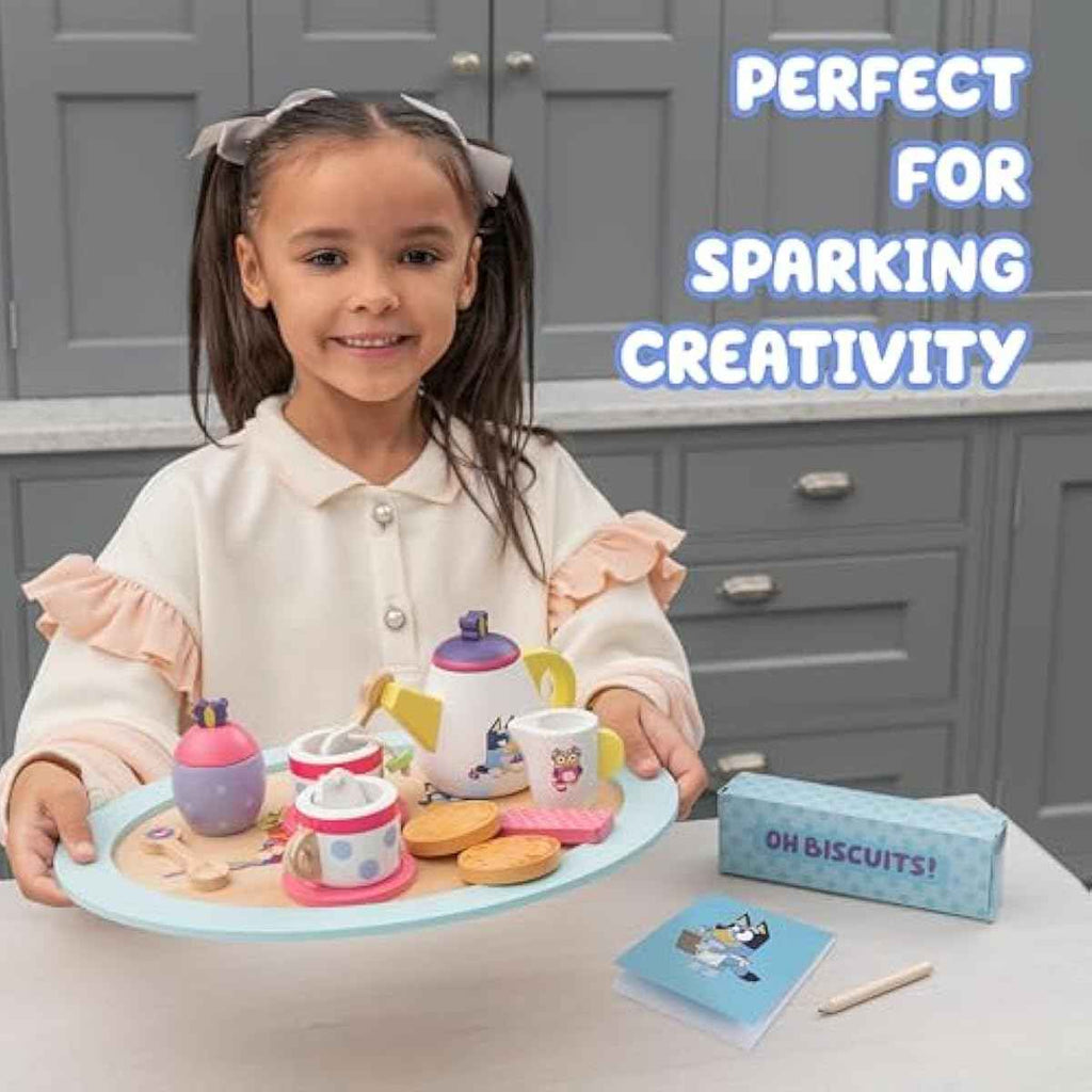 bluey 18-piece wooden tea party set, toddler-friendly tea set with tray, teapot, and utensils