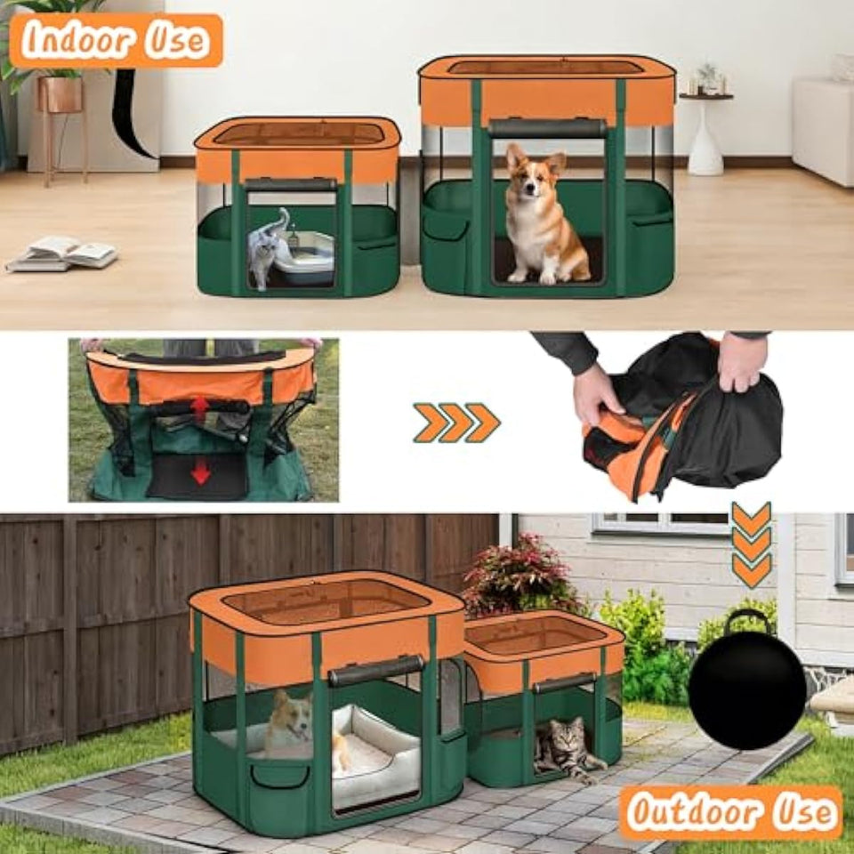 Portable Cat Playpen with Separate Areas, 2-in-1 Puppy Playpen & Cats Cage, Foldable Pet Tent for Indoor and Outdoor Use, Collapsible Tent Kennel Cage House(35.4"x27.6"x27.6", Orange & Green)