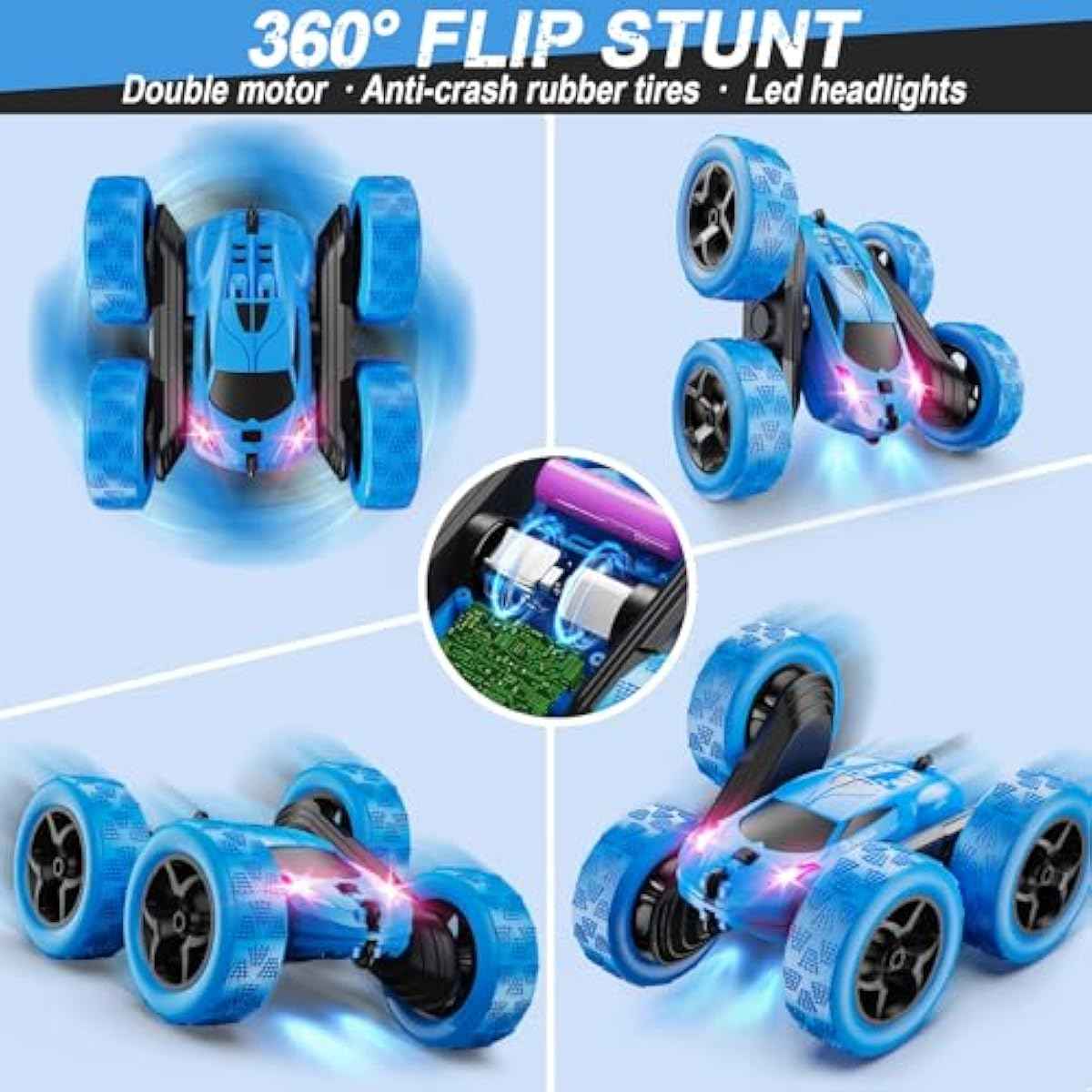 blue remote control car, 4wd stunt car with led lights & 360° flips, 2.4ghz, upgraded usb-c modular batteries for kids ages 6-12
