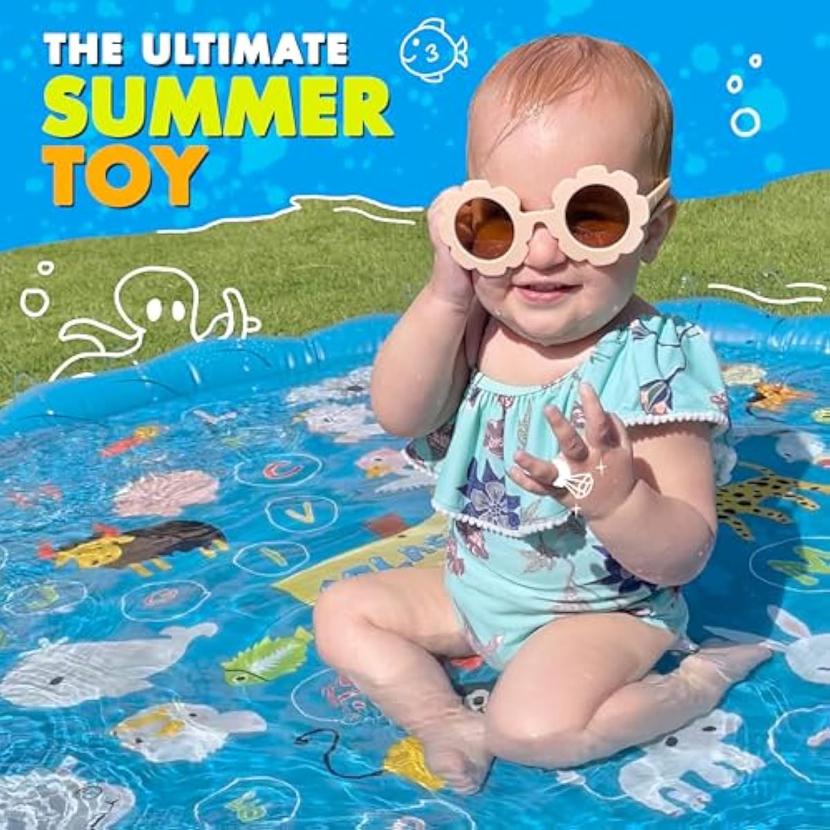 60-inch SplashEZ 3-in-1 kiddie pool and sprinkler for toddlers and babies, BPA-free water play mat for outdoor learning