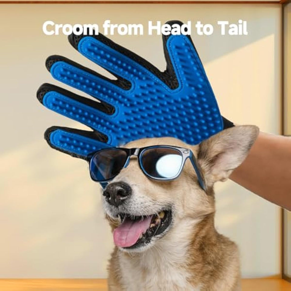 Pet Hair Removal Gloves for Dogs and Cats - 2-in-1 Deshedding Brush Massage Mitt for Shedding Control and Safe Pet Grooming 2-Pack (Blue)
