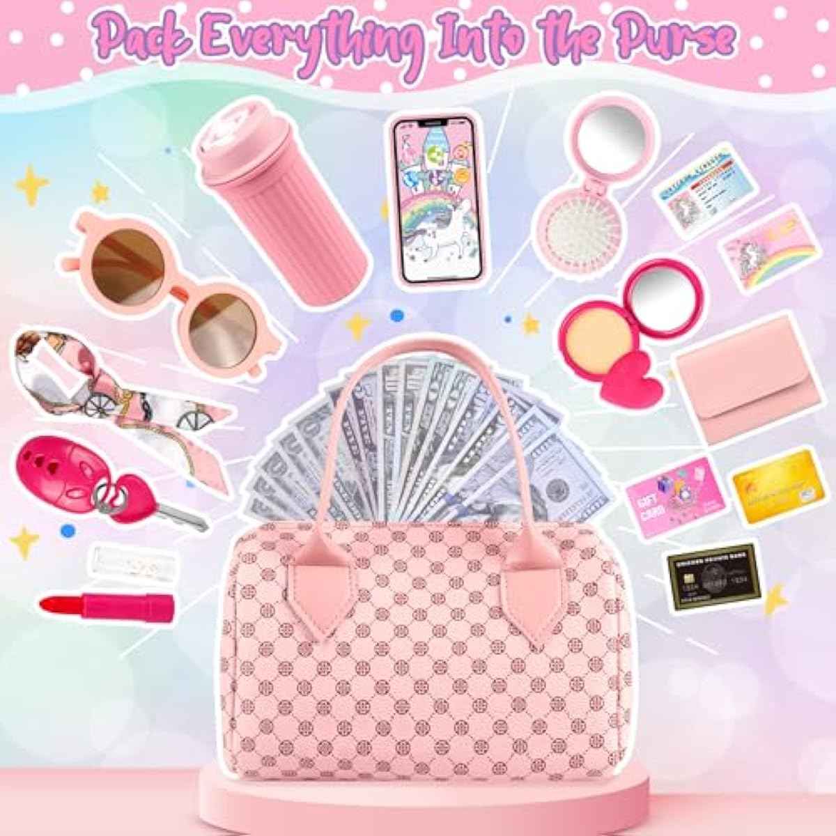 Play Purse for Little Girls, 32PCS Toddler Purse with Pretend Makeup for Kids, Princess Toys Includes Handbag, Phone, Wristwatch, Silk Scarf Kids Toy Purse Birthday Gift for Girls 3 4 5 6 +