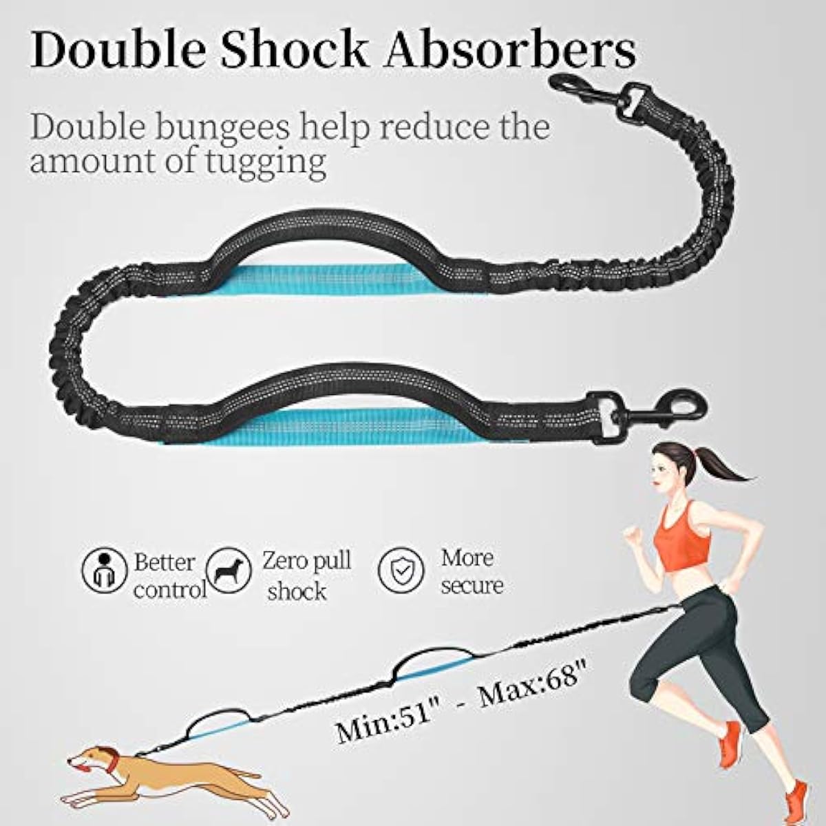 iYoShop Hands Free Dog Leash with Zipper Pouch, Dual Padded Handles and Durable Bungee for Walking, Jogging and Running Your Dog (Large, 25-120 lbs, Black)