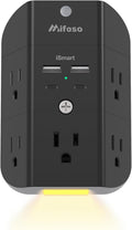 Surge protector outlet extender with night light, 5-outlet splitter, and 4 USB ports for home and dorm room essentials