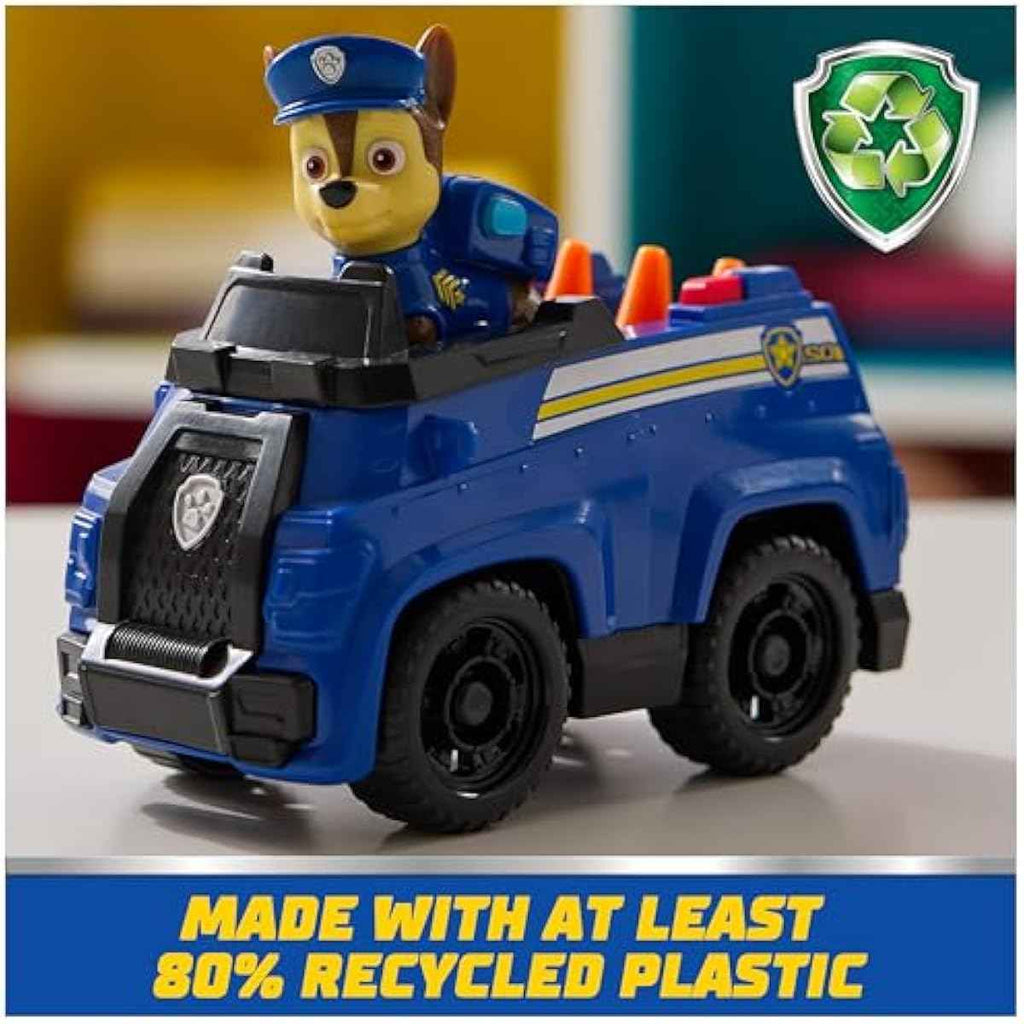 paw patrol, chase's patrol cruiser, toy car with collectible action figure, eco-friendly, kids toys for boys & girls ages 3 and up