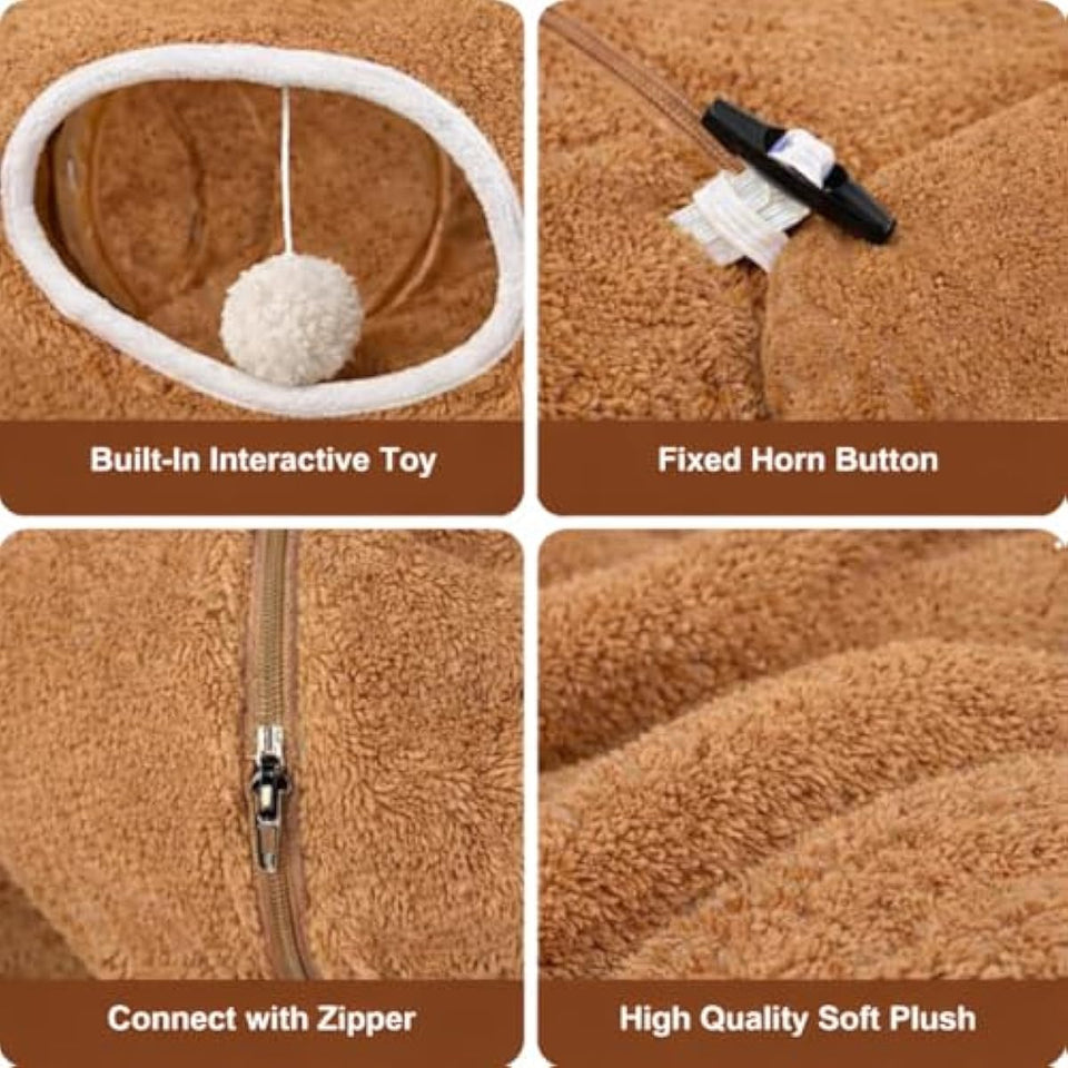R1M Cat Donut Tunnel Bed Toy for Small and Larger Indoor Cats with Two Fish Toys, Brown