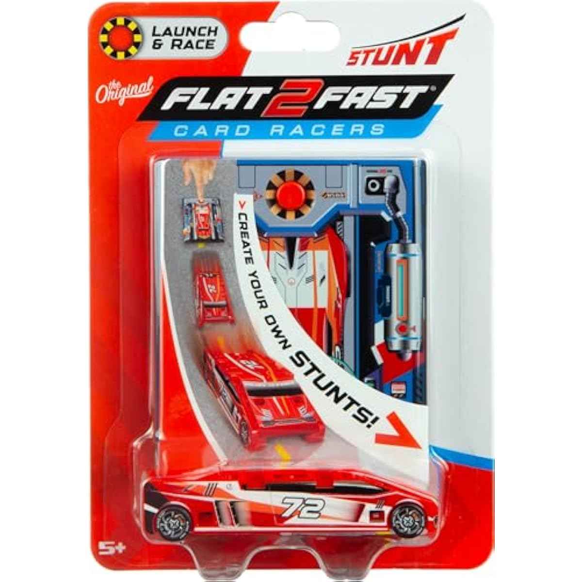 FLAT 2 FAST Original Stunt Card Racer - Crimson Red Compact Pocket Size Racecar Launcher with Built-in Button