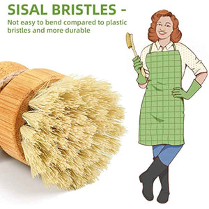 SUBEKYU bamboo kitchen dish scrub brush with natural sisal bristles for gentle cleaning