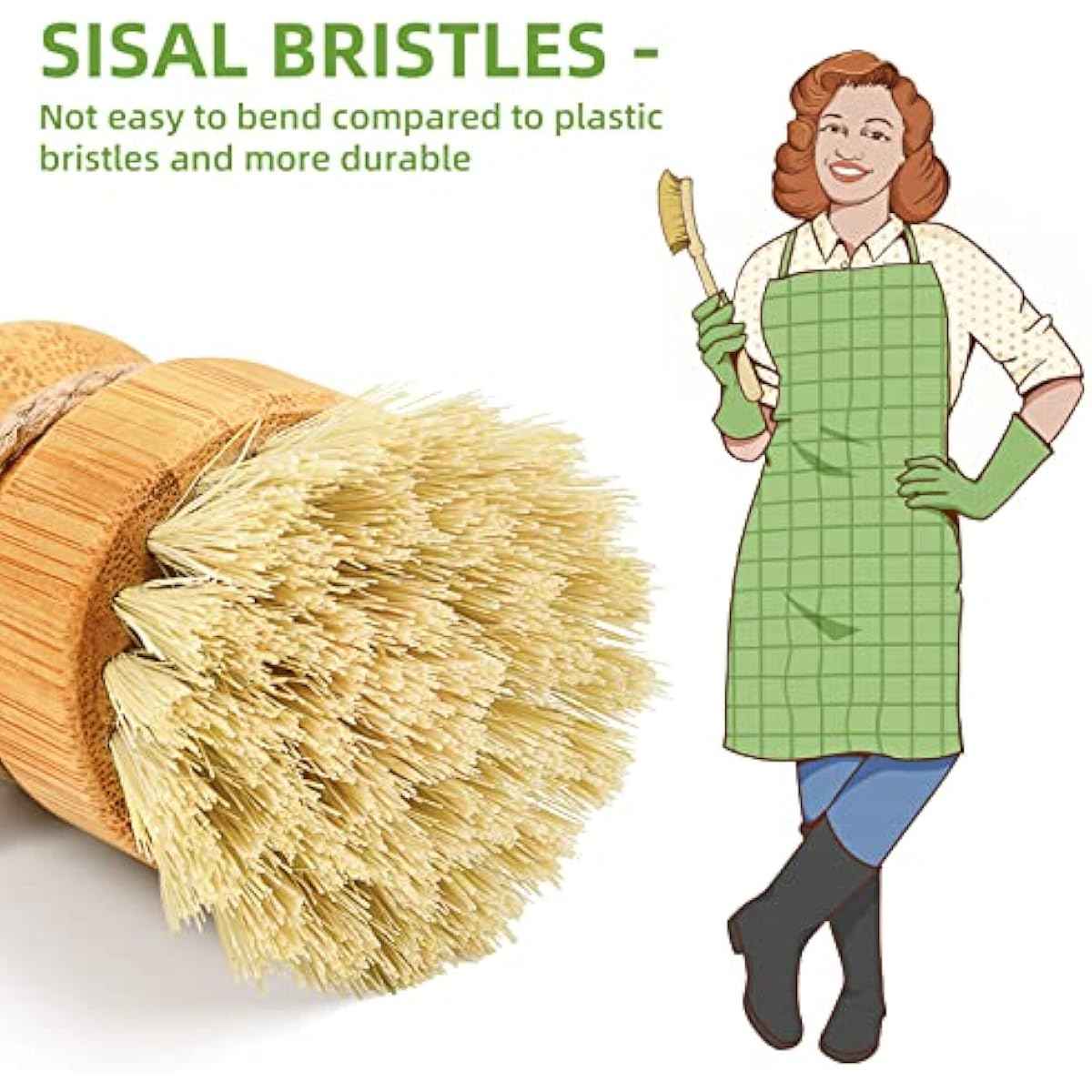 SUBEKYU bamboo kitchen dish scrub brush with natural sisal bristles for gentle cleaning