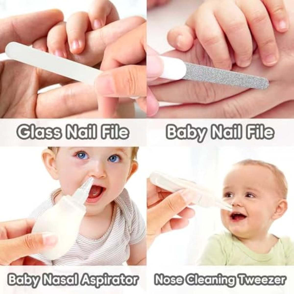 Baby Grooming Kit for Newborn Girls and Boys, Infant Safety Care Set with Hair Brush, Comb, Nail Clipper, Nasal Aspirator, Grey and White