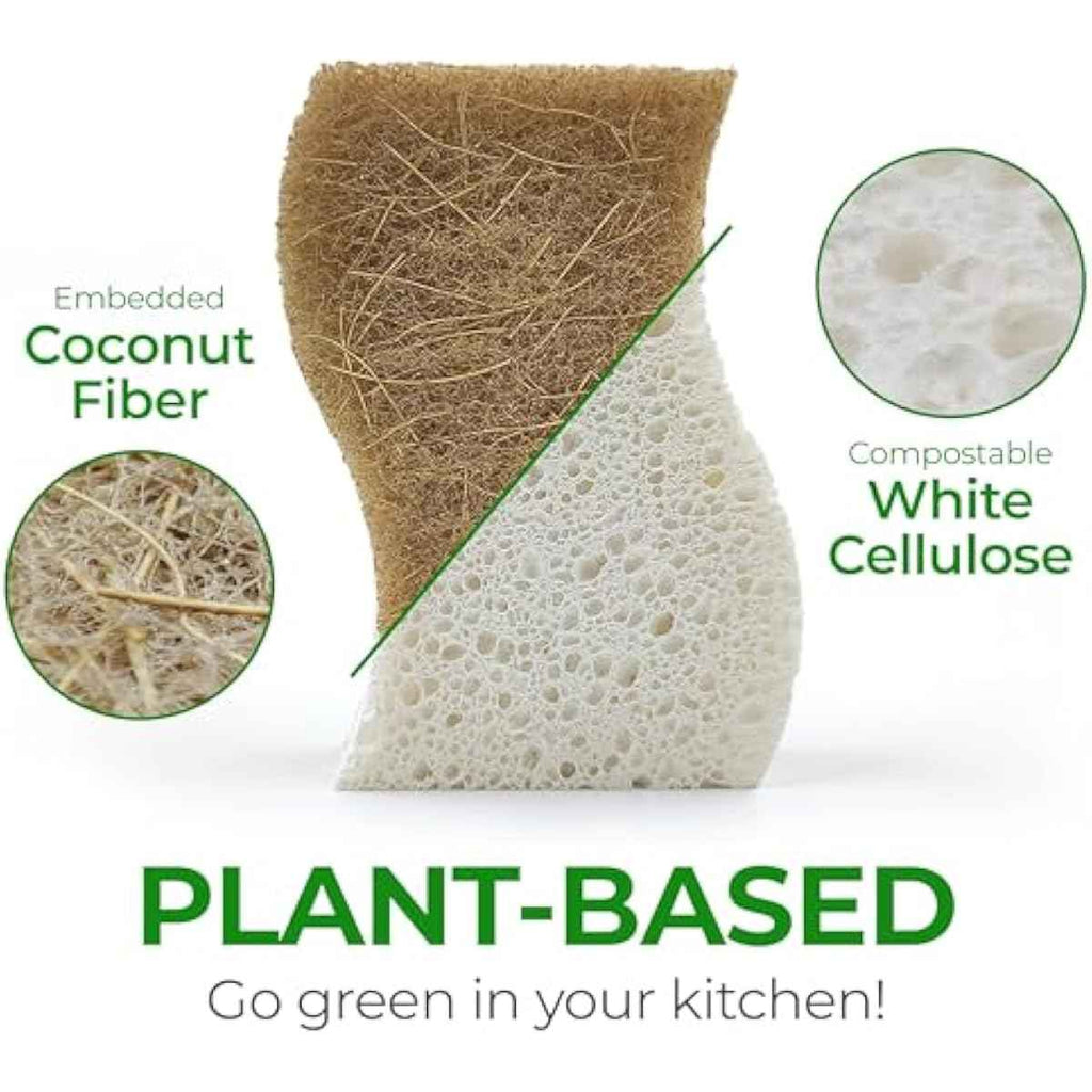 Natural Compostable Cellulose Coconut Walnut Kitchen Sponges 12 Pack Gentle Eco Friendly Daily Cleaning